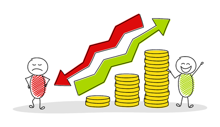 Business pictogram with cartoon stickmen showing graph with coin stacks. Vector.のイラスト素材