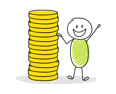 Hand drawn cartoon person with coin stack. Vector.のイラスト素材
