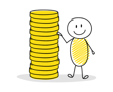 Funny hand drawn businessman showing money stack. Vector.のイラスト素材