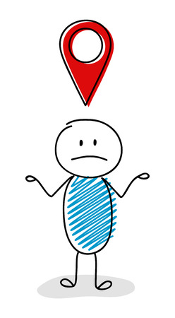 Confused stickman with geotag (map pin) icon. Vector.のイラスト素材