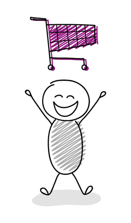 Cartoon stickman holding shopping cart icon. Vector.のイラスト素材