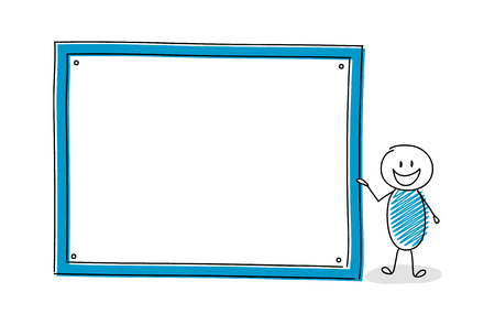 Cartoon stickman showing empty whiteboard. Vector.のイラスト素材