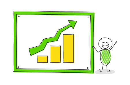 Happy stickman showing whiteboard with column chart. Vector.のイラスト素材