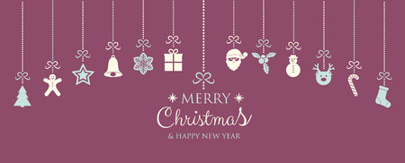 Merry Christmas and Happy New Year - banner with ornaments. Vector.のイラスト素材