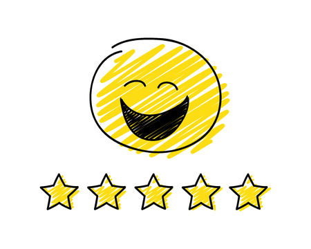Review - five star rating. Happy yellow coloured stickman. Vector.のイラスト素材