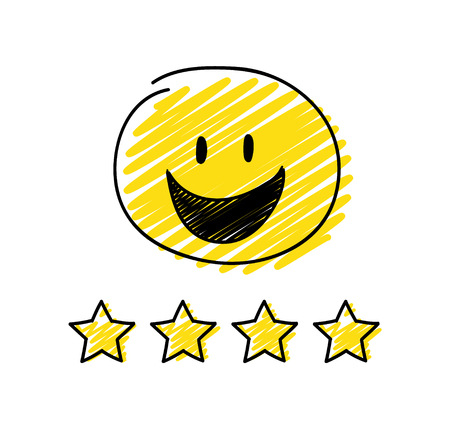 Review - four star rating. Happy yellow coloured stickman. Vector.のイラスト素材