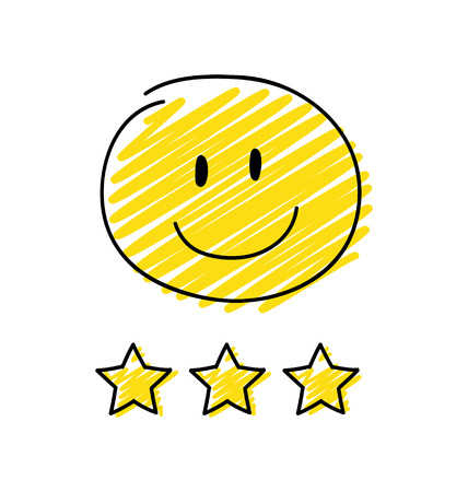 Review - three star rating. Happy yellow coloured stickman. Vector.のイラスト素材