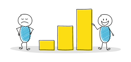 Funny cartoon people with business column graph. Vector.のイラスト素材