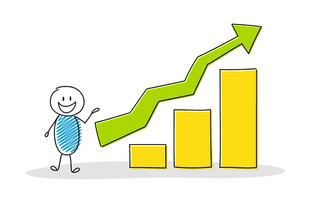 Business pictogram with cartoon stickman showing column graph. Vector.のイラスト素材
