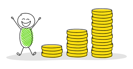 Hand drawn cartoon person with coin stacks chart. Vector.のイラスト素材
