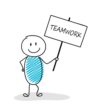 Funny business illustration - cartoon stickman holding a banner with slogan: team work. Vector.のイラスト素材
