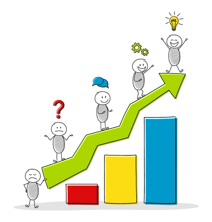 Rising column graph with funny stickmen and business icons. Vector.のイラスト素材