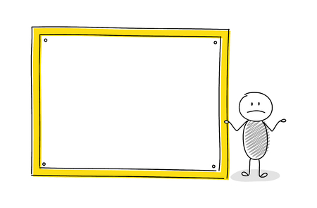 Cartoon stickman showing empty whiteboard. Vector.のイラスト素材
