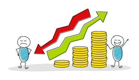 Funny cartoon characters showing money graph. Vector.のイラスト素材
