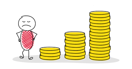 Angry stickman showing coin stacks graph. Vector.のイラスト素材