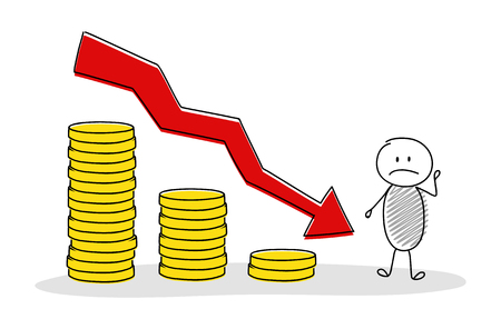 Hand drawn cartoon person with coin stacks chart. Vector.のイラスト素材