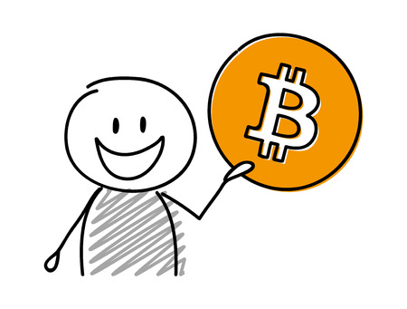 Smiley stickman showing bitcoin icon. Vector.のイラスト素材