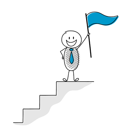 Concept of leader holding flag - funny stickman. Vector.のイラスト素材