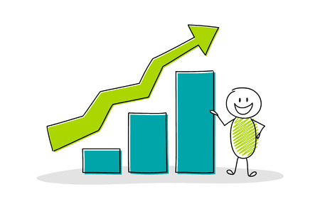 Funny cartoon stickman with business graph. Vector.のイラスト素材
