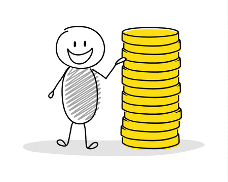 Hand drawn cartoon person with coin stack. Vector.のイラスト素材