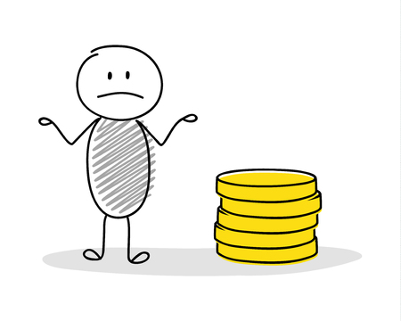 Hand drawn cartoon character with decreasing coin stack. Vector.のイラスト素材