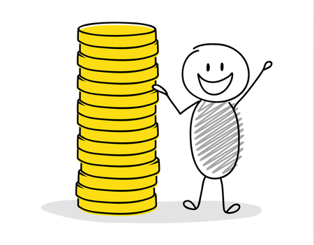 Funny cartoon character with coin stack. Vector.のイラスト素材