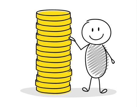 Stickman showing rising coin stacks. Vector.のイラスト素材