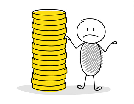 Business concept with hand drawn stickman showing coin stack. Vector.のイラスト素材