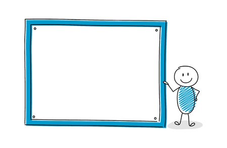 Smiley stickman with empty white board icon. Vector.のイラスト素材