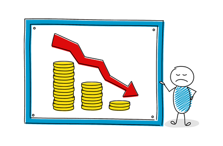 Cartoon stickman showing graph with coins. Vector.のイラスト素材