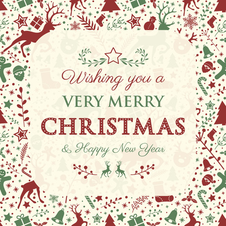 Concept of Christmas greeting card with decorative text and reindeers. Vector.のイラスト素材