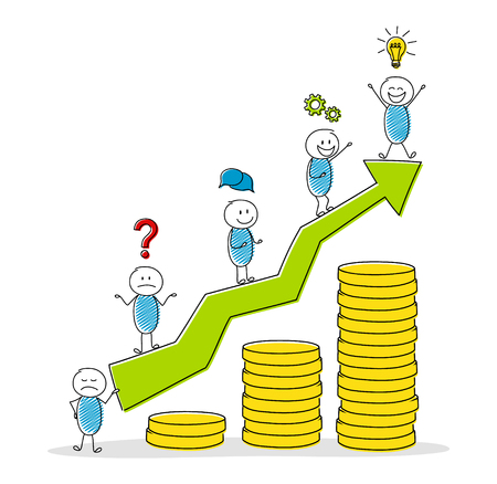 Concept illustration with money graph, cartoon stickman and business icons. Vector.のイラスト素材