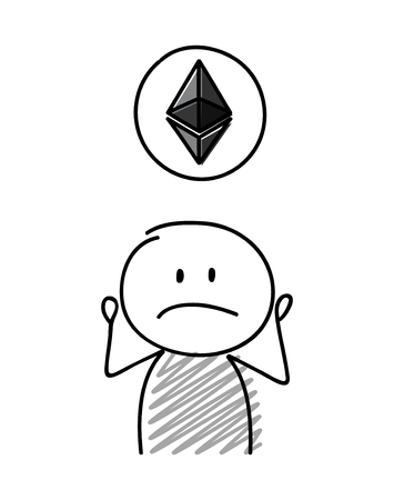 Cartoon character showing cryptocurrency icon - etherum. Vector.のイラスト素材