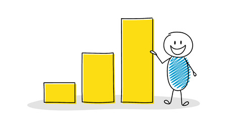 Cartoon stickman showing graph with columns. Vector.のイラスト素材
