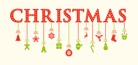 Christmas card with decorative text and ornaments. Vector.のイラスト素材