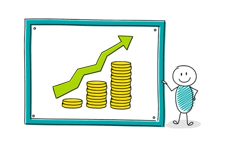 Stickman showing whiteboard with chart with coin stacks. Vector.のイラスト素材