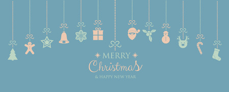 Christmas and New Year banner with hanging decorations. Vector.のイラスト素材