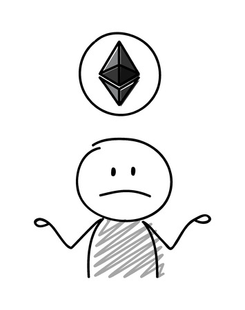 Confused stickman holding balloon with etherum icon. Vector.のイラスト素材