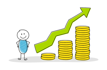 Happy stickman with rising coin stack graph. Vector.のイラスト素材