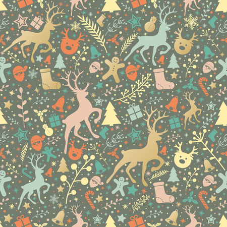 Christmas background with decorations, reindeers and floral elements. Vector.のイラスト素材
