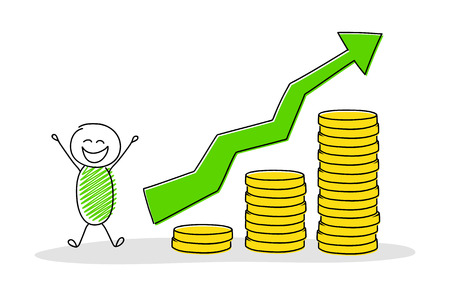 Cartoon businessman showing coin stack graph. Vector.のイラスト素材