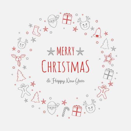 Merry Christmas and Happy New Year - greeting card with hand drawn ornaments. Vector.のイラスト素材