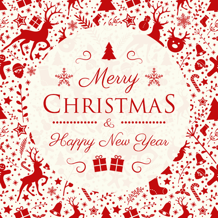 Merry Christmas and Happy New Year - calligraphy in retro style with ornaments. Vector.のイラスト素材