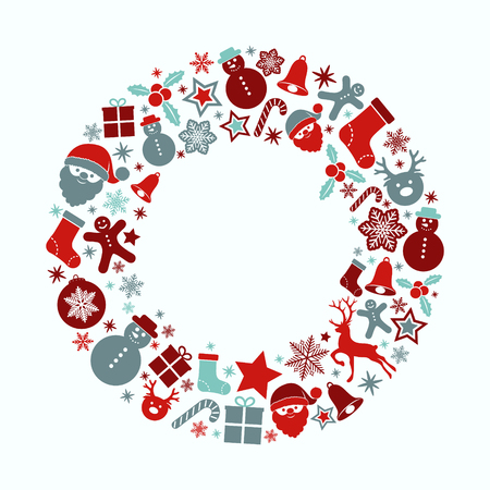 Design of Christmas greeting card template with with wreath and decorations. Vector.のイラスト素材