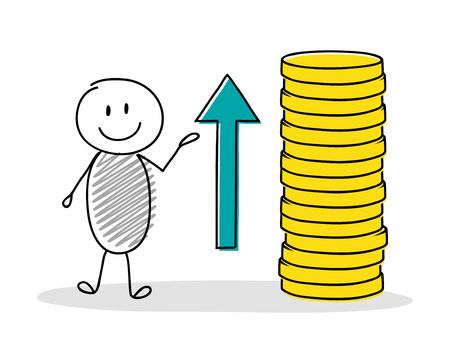 Business concept with hand drawn stickman showing coin stack. Vector.のイラスト素材