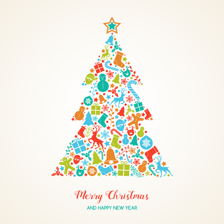 Background with Christmas tree with icons. Vector.