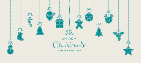 Merry Christmas and Happy New Year - card with hand drawn decorations. Vector.のイラスト素材