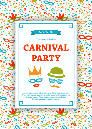 Carnaval Party invitation card with funny decorations. Vector.のイラスト素材