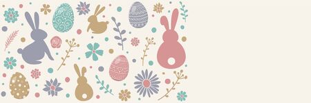Easter banner with pastel coloured bunnies, eggs and flowers. Template of postcard. Banner. Vectorのイラスト素材
