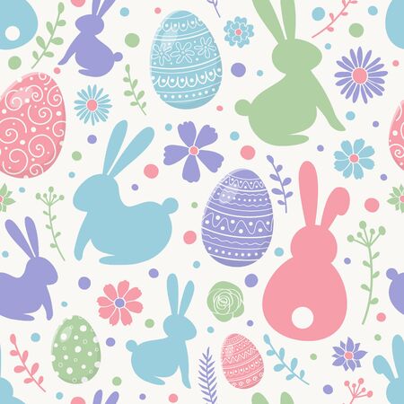 Easter background with decorative eggs, bunnies and flowers. Seamless texture. Vectorのイラスト素材